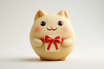 A cute, stylized cat figurine holds a gift wrapped with a red bow on a plain white background.