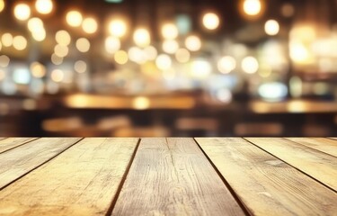 Rustic wooden table top in a cafe setting with warm, bokeh lights in the background.  Wooden planks form a tabletop, leading to a blurred cafe interior