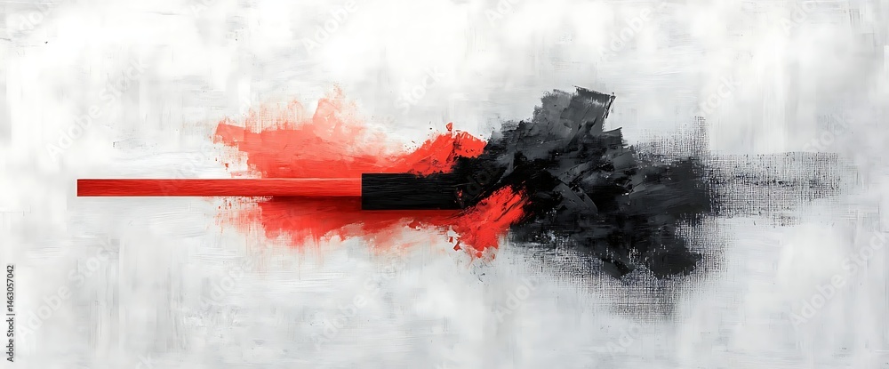 Poster abstract artwork features a red line transitioning to black explosion on a white, textured backgroun