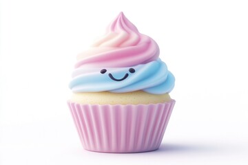 A cute cupcake with pink and blue frosting sports a happy face in a pink wrapper.