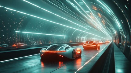 Obraz premium Futuristic Highway: Autonomous Vehicles in Neon Tunnel