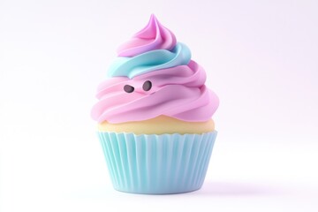 A 3D render of a cute cupcake with pink and blue frosting, topped with chocolate chip eyes, on a white background.