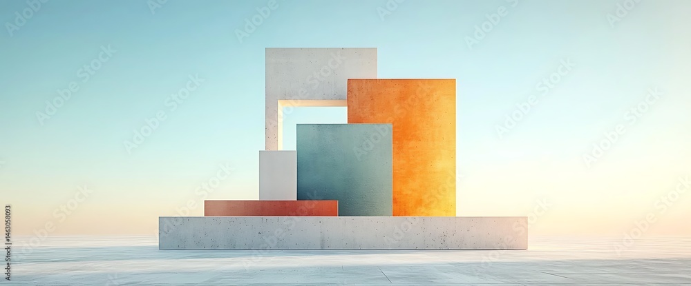 Poster abstract composition of colorful geometric blocks against gradient sky. modern architectural design