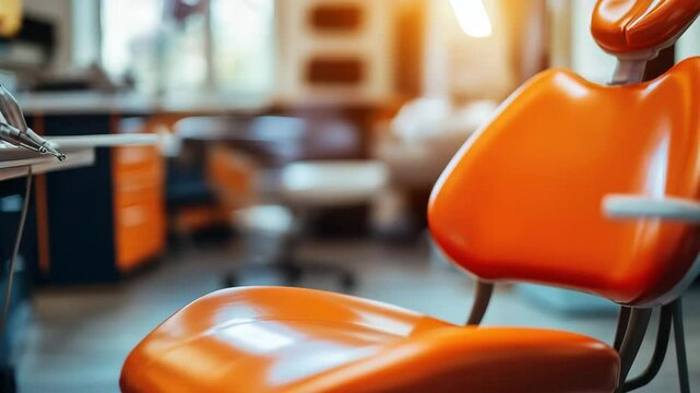 A vibrant orange dental chair awaits the next patient in a modern clinic