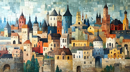 A colorful mosaic cityscape, medieval style