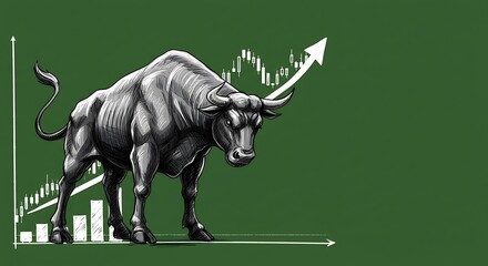 black and white minimalist sketch, a bull market trading concept with an upward graph trend on a green background, subject positioned on the left with clear copy space on the right for photos