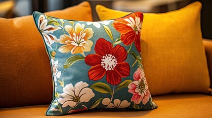 Teal Floral Pillow on Orange Sofa: Home Decor Detail