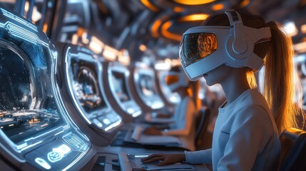 Futuristic Girl in VR Headset Navigating Spaceship Control Room