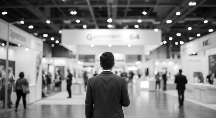 black and white minimalist sketch, business man standing at the bottom of a blurred expo hall with copy space above, perfect for international exhibitions, corporate events, and marketing concepts