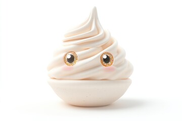 A whimsical, cream-colored swirl of soft serve, complete with cute eyes and blush, sits on a bright, clean white surface.
