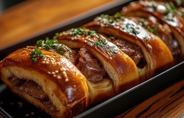 Fototapeta premium Golden-brown brioche braided with crust, filled with meat and glazed like an empanada. Close-up on black tray, natural light highlights textures. Sliced to reveal savory filling, rustic yet elegant.