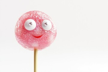 A whimsical, pink lollipop with googly eyes and a sweet smile against a pristine white background.