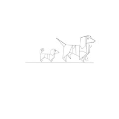 Minimalist line art of two origami-style dachshund dogs, one large and one small, walking on a line. Simple, geometric design on a white background