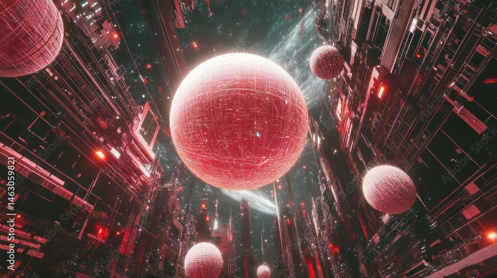 Wall mural futuristic red spheres float amongst complex structures in space