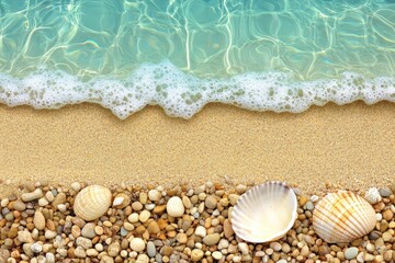 Tranquil beach scene with foamy waves lapping at the shore, featuring sand, pebbles, and seashells