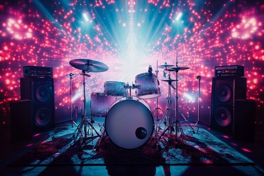 Concert stage lights and instruments are showcased in a close-up, flat design style with sharp line art, bold and vibrant colors, and a lively energetic ambiance, making it perfect for a looping tile