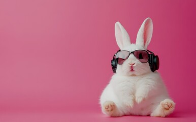 A rabbit dressed in sunglasses and headphones is sitting for a photograph