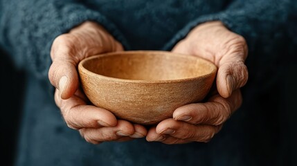 Two gentle hands cradle a simple wooden bowl, symbolizing care and nurturing, showcasing the warmth of human connection with a focus on craftsmanship.