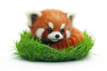 Obraz premium A cute red panda cub curled up in a vibrant patch of green grass, against a plain white background.