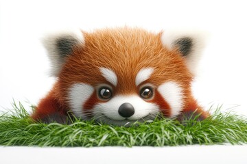 Obraz premium A cute red panda with brown eyes laying in green grass, looking playfully at the viewer on a white background.