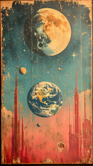 Vintage space art depicting Earth and moon, futuristic skyscrapers, and other celestial bodies