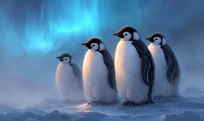 Obraz premium Adorable Penguins in Aurora