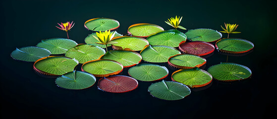 Water Lily Pads and Flowers in Dark Pond