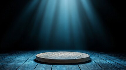 Obraz premium Dark stage lit by spotlight, wooden circular platform
