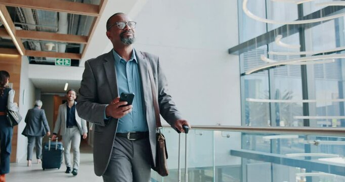 Phone, suitcase and typing with business man at conference for B2b manager, seminar speaker and contact. Convention center, walking and networking with person in lobby for travel, event and expo