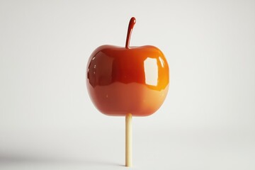 Obraz premium A glossy caramel apple on a wooden stick, set against a plain white background, showcasing its rich color and shine.