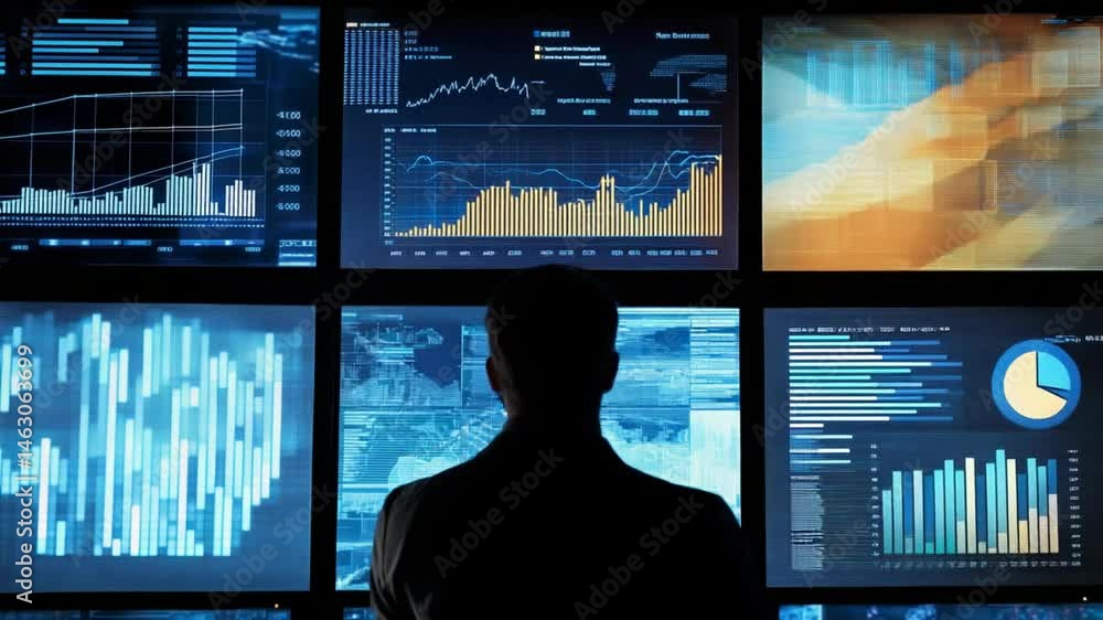 Aufkleber analyst monitoring financial data and stock market trends on multiple computer screens