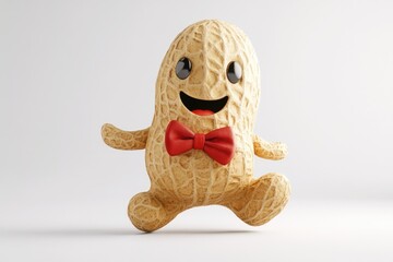 A charming 3D peanut character with a red bow tie, isolated on a clean white background, exuding a playful and elegant vibe.