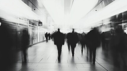 Numerous individuals walk quickly in a bright, spacious city environment, creating a dynamic sense of motion