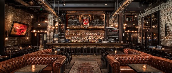 Elegant restaurant with leather seating, long bar, brick walls, warm lighting