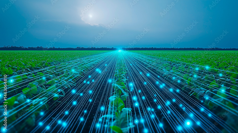 Poster digital agriculture: an eye-level shot shows data streams connecting fields, representing the future