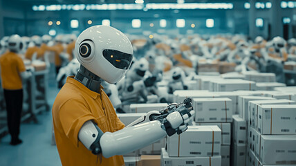 Robotic Workforce in Automation: Futuristic scene showing a factory, packed with multiple robots engaged in packaging and production. Each robot represents the innovation in industry.