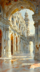 Obraz premium Sunlit colonnaded courtyard of a grand church