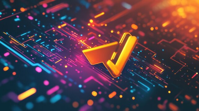 Digital validation, check mark amidst abstract electronic circuit board flow