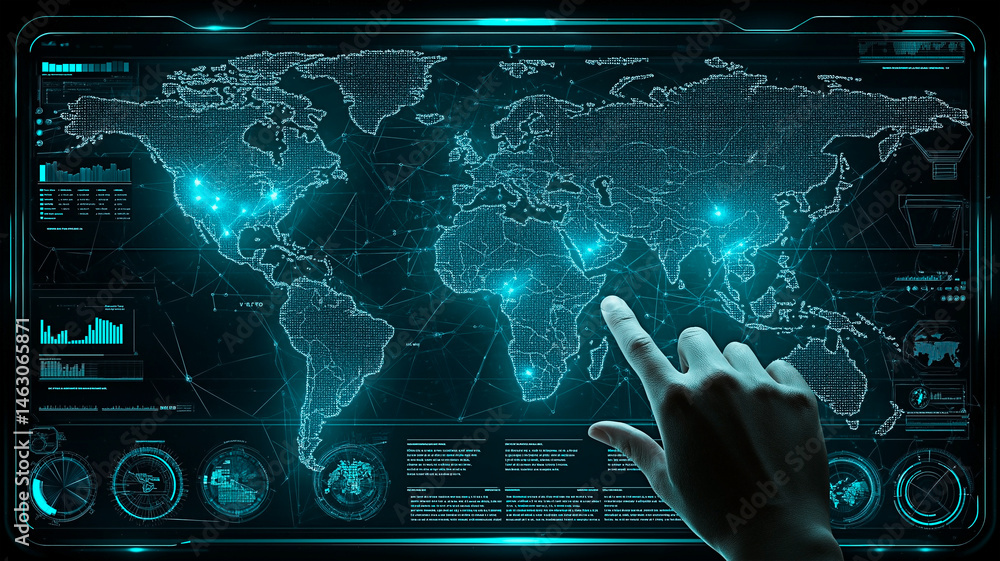 Poster global network interface: a futuristic interface displays a world map with glowing blue nodes connec