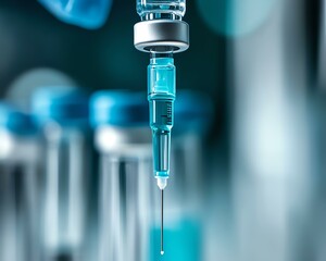 A close-up of a medical syringe filled with a blue liquid, ready for injection in a sterile laboratory environment.