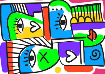 Colorful abstract portraits in cubism-pop art style, featuring bold lines, geometric shapes, expressive eyes, and symbolic human faces.
