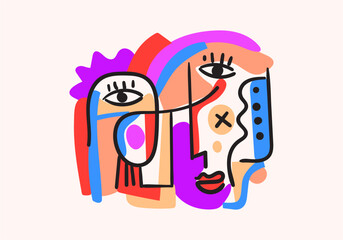 Colorful abstract portraits in cubism-pop art style, featuring bold lines, geometric shapes, expressive eyes, and symbolic human faces.