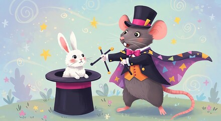 Naklejka premium Magician Mouse Performing Magic with Rabbit and Hat Illustration