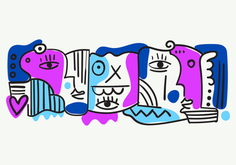 Colorful abstract portraits in cubism-pop art style, featuring bold lines, geometric shapes, expressive eyes, and symbolic human faces.