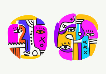 Colorful abstract portraits in cubism-pop art style, featuring bold lines, geometric shapes, expressive eyes, and symbolic human faces.