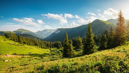 breathtaking summer day in wild mountains with coniferous forest and green slopes