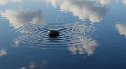 Stone Creates Ripple Effect In Calm Reflective Water On Sunny Day
