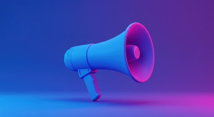 A blue megaphone stands against a gradient blue and pink background.