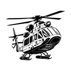 Monochrome depiction of a detailed helicopter with intricate line work design