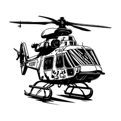 Monochrome helicopter illustration showcasing detailed features and mechanical design